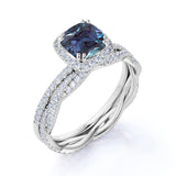 2 Ct Cushion Cut Lab Alexandrite Halo Bridal Set