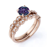 4 Prong Solitaire 1.50 Carat Round Cut Lab Grown Alexandrite and Diamond Marquise Dot Art Deco Wedding Ring Sets