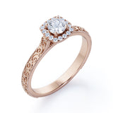 Vintage Filigree 0.7 carat Round Moissanite and Diamond Halo Engagement Ring in Rose Gold