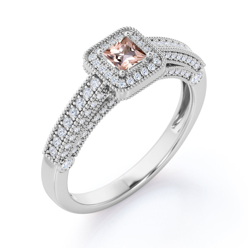 Bead Decor 1.5 carat Princess Peach Pink Morganite and Moissanite Anniversary Ring in Rose Gold