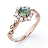 Floral Halo 0.7 carat Round Moss Green Agate and Diamond Engagement Ring in White Gold