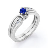 Mini Channel Design 0.5 TCW Round Cut Blue Sapphire and Moissanite Six-Prong Bridal Ring Set in White Gold