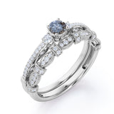 Vintage Milgrain 0.65 Carat Round Cut Genuine Salt and Pepper Diamond Three Stone Wedding Ring Set In White Gold