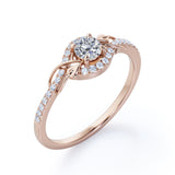 Swirl Halo 1 Carat Round Colorless Moissanite and Diamond French Pave Engagement Ring in Rose Gold