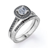 Filigree Scalloped Pave 1.65 TCW Princess Cut Moissanite with Lab Created Black Diamond Double Halo Style Wedding Ring Set in White Gold