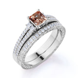 Limited Time Sale: 2 Carat Princess cut Morganite and Diamond Halo Art Deco Wedding Ring Set in Yellow Gold