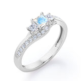Trellis Three Stones 1 carat Princess Moonstone and Moissanites Braided Engagement Ring in Rose Gold