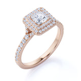 Stunning 1 Carat Princess Cut Moissanite - Pave Set - Split Shank - Double Halo Engagement Ring in 18K Rose Gold over Silver