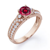 Antique 4 Prong 1.50 Carat Round Cut Lab Ruby And Diamond Vintage Milgrain Layered Engagement Ring In Rose Gold