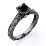 Solitaire 1 Carat Round Cut Black Diamond Four Prong Antique Art Deco Engagement Ring In White Gold