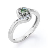 Whirly Gemstone 0.55 carat Round Green Moss Agate and Moissanites Artistic Engagement Ring in White Gold