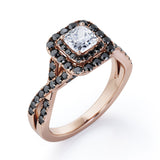 Rounded Square Double Halo -  0.5 TCW Princess Cut Diamond with Lab Created Black Diamond - Infinity Pave Engagement Ring - 10K White Gold