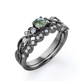 Antique Solitaire 1.25 Carat Round Cut Milky White Druzy Moss Green Agate with Diamond Marquise Dot Art Deco Band Wedding Ring Sets