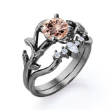 Nature Leaf 0.55 carat Round Morganite and Moissanite Crown Bridal Ring Set in Rose Gold