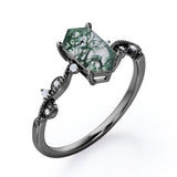 Vintage Wavy Milgrain 0.5 carat Hexagon Moss Green Agate and Diamonds Engagement Ring in Rose Gold