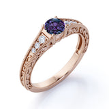 Vintage Prong Solitaire 1.25 Carat Round Cut Lab Made Purple Alexandrite and Diamond Art Deco Filigree Engagement Ring in White Gold for Her