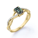 Twisted Infinity Solitaire 0.75 Carat Emerald Cut Lab Created Green Alexandrite and Semi Eternity Diamond Pave Engagement Ring in Rose Gold for Women