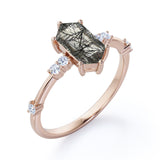Asymmetric Six Prong 1.10 Carat Hexagon Cut Natural Black Rutilated Quartz And Diamond Seven Stone Engagement Ring In Black Gold