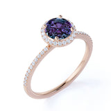 Minimalist Halo 1.50 Carat Round Cut Simulated Alexandrite and Diamond Pave Engagement Ring