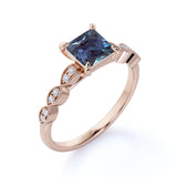 4 Claws Single Stone 1.25 Carat Princess Cut Artificial Alexandrite and Diamond Milgrain Antique Engagement Ring