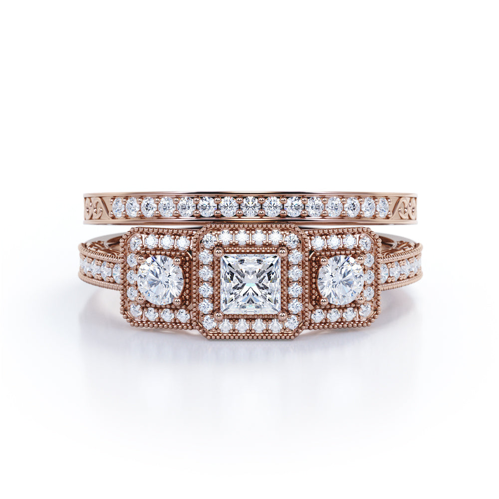 1.25 Carat Princess Cut Moissanite And Diamond Three Stone Trilogy Wedding Ring Set In White Gold