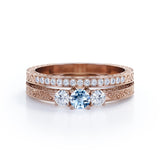 Antique Filigree 1.15 Carat Round Cut Aquamarine And Diamond Vintage Wedding Ring Set In White Gold