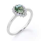 Delicate Minimalist 1.50 Carat Pear Shape Milky Dendritic Moss Green Agate and Diamond Floral Cluster Engagement Ring in Rose Gold