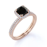Beautiful 1.75 Carat Cushion cut Lab Black Diamond Halo Wedding Ring Set in Rose Gold