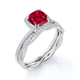 Four Claw 2.25 Carat Cushion Cut Lab Ruby and Diamond Wedding Set with Infinity Band in White Gold