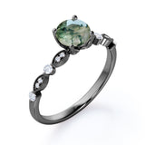 Art Deco 1 Carat Round Moss Agate and Moissanite Scalloped Engagement Ring in White Gold