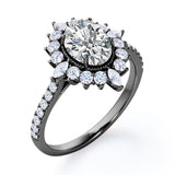 Enchanted Classic Milgrain Halo 0.8 carat Oval Moissanite and Diamond Engagement Ring in Black Gold