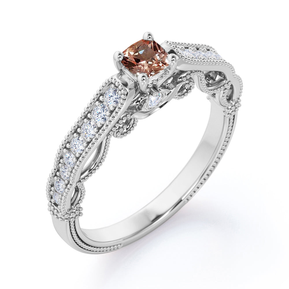 Curly Art Décor 0.65 carat Cushion Morganite and Moissanite Vintage Engagement Ring in Rose Gold