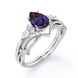 1.40 Ct Tear Drop Lab Alexandrite V Shaped Bridal Set