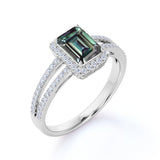 Split Shank 1.50 Carat Emerald Cut Man Made Alexandrite and Diamond Bezel Set Halo Engagement Ring