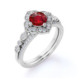 Floral Cluster 2 Carat Cushion Cut Lab Ruby and Diamond Halo Wedding Ring Set in White Gold