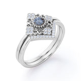 Antique Floral Bezel 1 Carat Round Cut Fancy Dark Grey Salt and Pepper Diamond and Contour Pave Band Bridal Set Rings