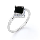 Geometric 1.15 Carat Princess Cut Lab Black Diamond and 2 Stone Contour Engagement Ring in White Gold