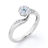 Floral Cloud Clustered 0.55 carat Round Aquamarine and Moissanite Distorted Engagement Ring in White Gold