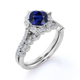Unique Floral Styled 2 Carat Cushion Cut Sapphire and Diamond Halo Wedding Set with Art Deco Milgrain Band in White Gold