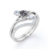 Asymmetrical Bypass 0.85 Carat Round Cut Black Rutilated Quartz and Diamond Contour Pave Bridal Set Rings