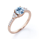 Classic 1.50 Carat Round Cut Aqua Sky Blue Aquamarine and Diamond 7 Stone Cluster Engagement Ring in Rose Gold for Women