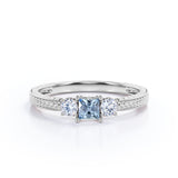 1 Carat Princess Cut Aquamarine And Diamond Vintage Engagement Ring In White Gold