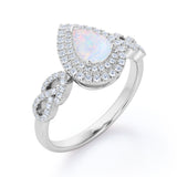 Vintage 1.60 Carat Tear Drop Ethiopian Opal And Diamond Double Halo Engagement Ring In White Gold For Her