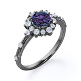 Clustered Halo 1.30 Carat Round Cut Lab Created Alexandrite And Diamond Beaded Antique Engagement Ring In White Gold