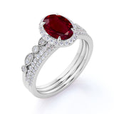 Stylish Vintage Design 2 Carat Oval Cut Lab Ruby and Diamond Halo Trio Wedding Ring Set in White Gold
