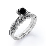 Milgrain Filigree Decorated 1.6 TCW Round Shaped Lab Created Black Diamond Twisted Pave Wedding Set in White Gold