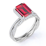 Pave Set 2.25 Carat Emerald Cut Lab Ruby and Diamond Wedding Set with Infinity Band in White Gold