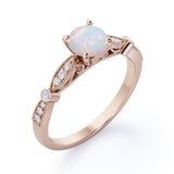 Vintage Inspired 1.25 Carat Round Cut White Fiery Opal And Diamond Four Prong Art Deco Style Engagement Ring In Rose Gold