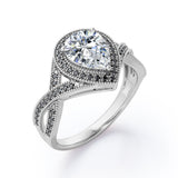 Milgrain Pave Channel - 1.5 TCW Teardrop Moissanite with Lab Created Black Diamond - Halo Design Engagement Ring in White Gold