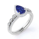 Elegant Art Deco Pave Set 2 Carat Pear Cut Sapphire and Diamond Wedding Ring Set in White Gold
